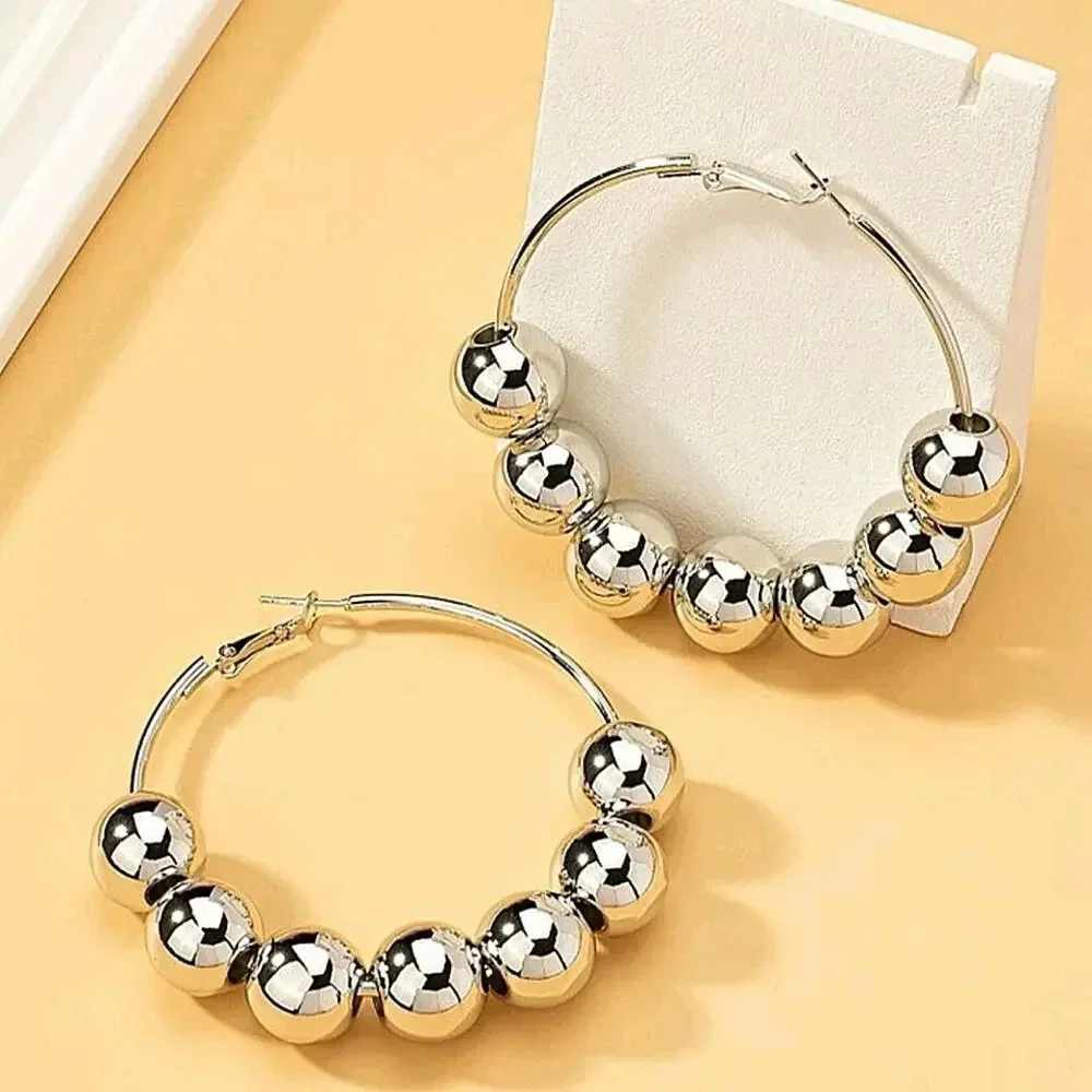 Silver Hoop Ball Statement Earrings